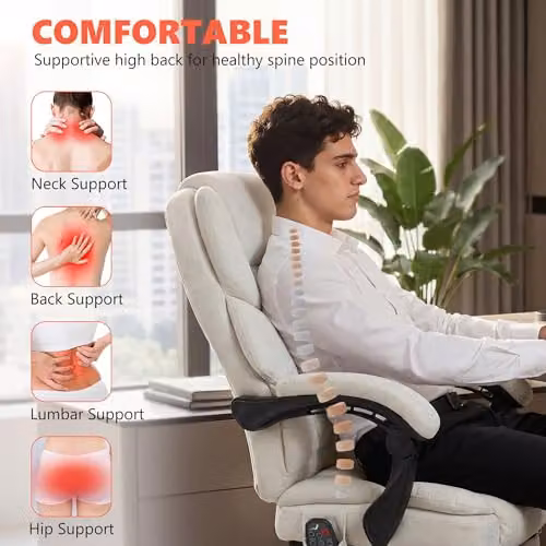 HOMCOM Executive Office Chair with 6-Point Vibration Massage and Heat, Beige Velvet Upholstered High Back Design with Headrest and Armrests, H 118 x W 70 x D 67 cm – 4