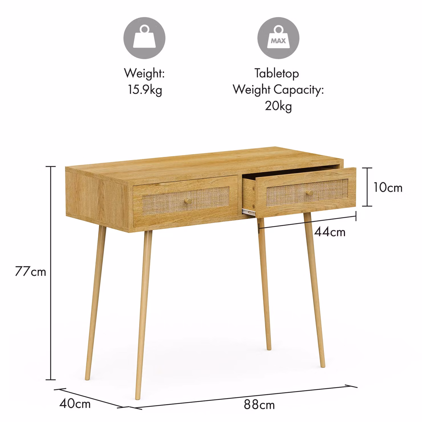 VonHaus Sienna Rattan Bedroom Vanity Dressing Table in Brown and Gold, W/D/H: 88 x 77 x 40 cm – 2