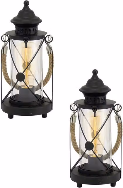 Loops 2 Pack Black Metal and Glass Lantern Table Lamps with E27 Bulb Holder