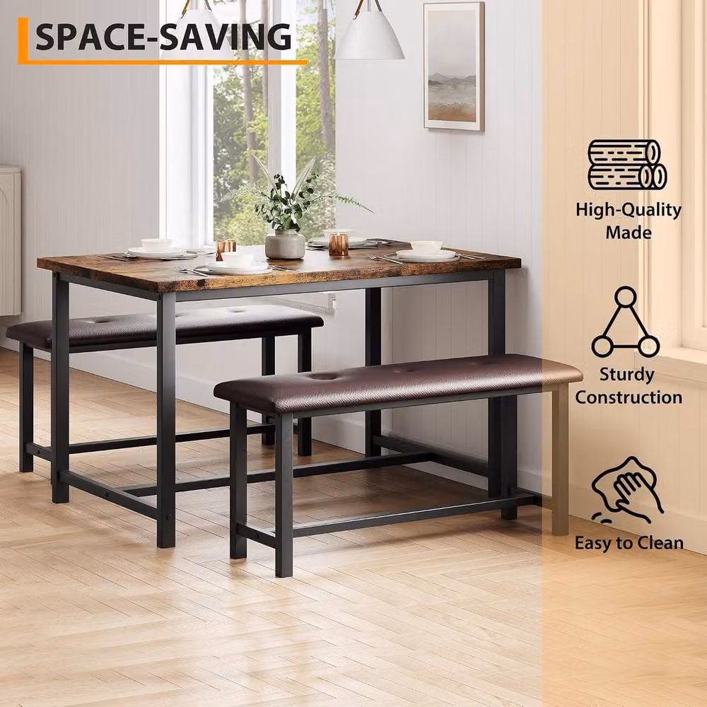 London Boutique 3-Piece Dining Set with Rectangular Table and 2 Upholstered Benches in Brown, W/D/H: 136 x 70 x 75 cm – 3