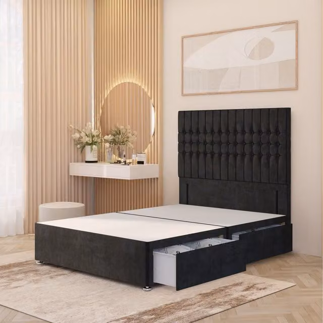 Somnior Beds Ltd Lexington Divan Bed Base with 54 inch Floor Standing Headboard in Black Plush Velvet with Drawers, W/D/H: 120 x 200 cm