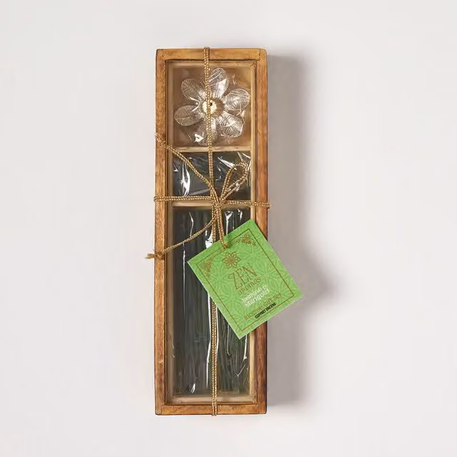 Homescapes Modern Rectangular Incense Cone Set in Green and Multicolour with Wood and Metal Accents