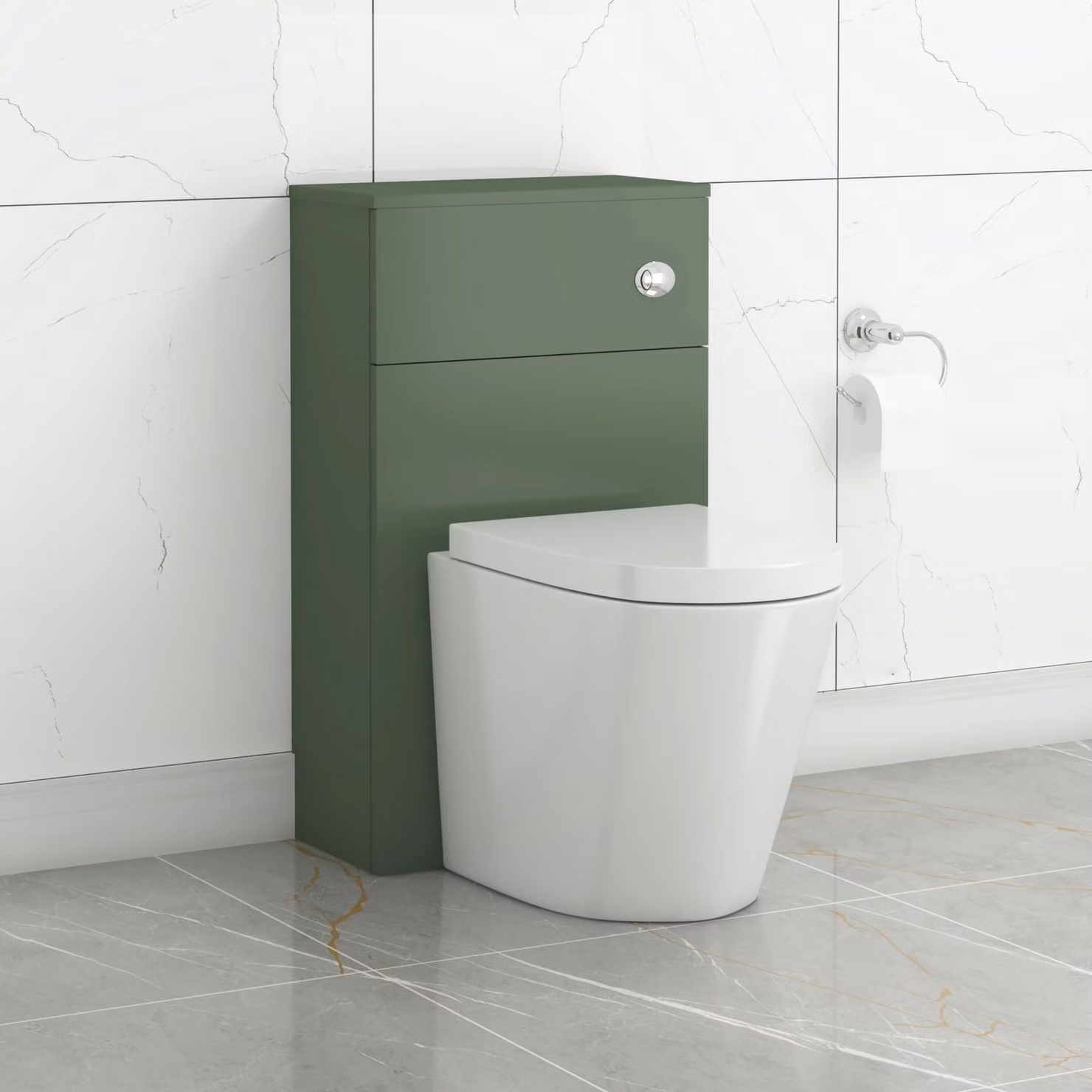 Royal Bathrooms Turin Matte Green WC Unit with Cesar Rimless Ceramic Toilet Pan, Slim Soft Close Seat and Cistern, Width: 50 cm