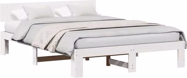 Berkfield Home White Solid Pine Wood Bed Frame with Headboard W/D/H: 144 x 209 x 66 cm