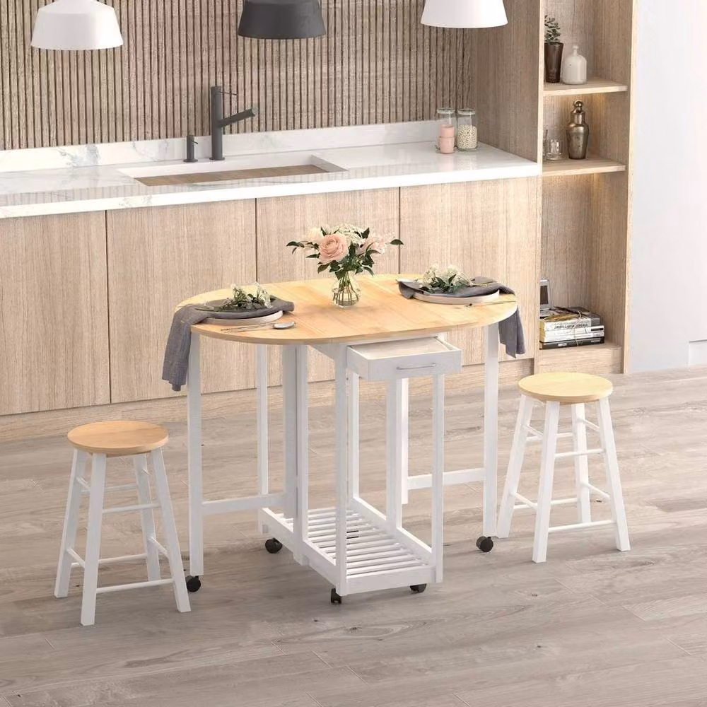 Kelvenix 3-Piece Modern White Wooden Kitchen Cart Trolley Table with Drop Leaf and Castors – 2