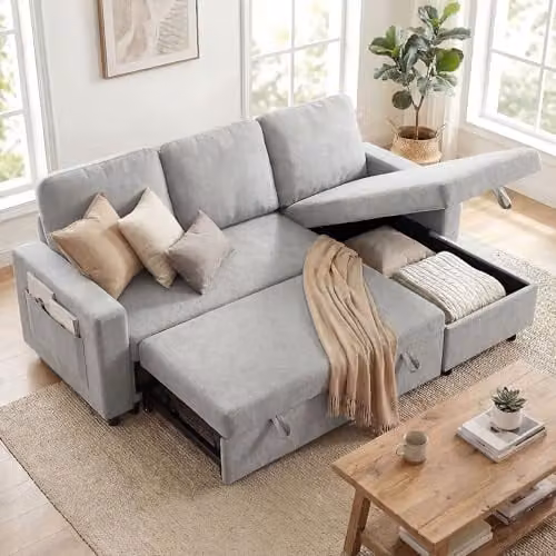 HOMCOM L Shaped 3 Seater Corner Sofa Bed with Reversible Chaise and Pull Out Drawer, Grey – 1