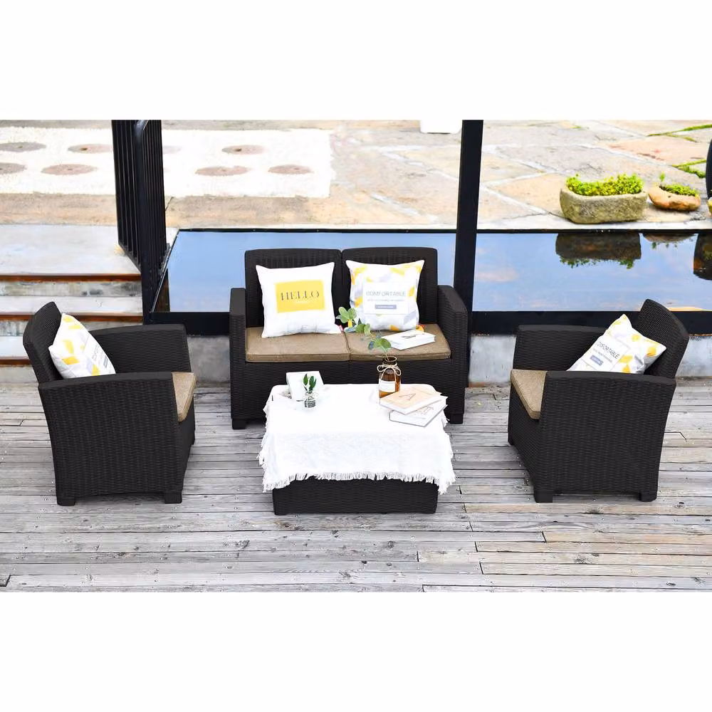 Centurion Supports SANTANA 4-Piece Black Polyrattan Garden Furniture Set with Cushions and Coffee Table – 3