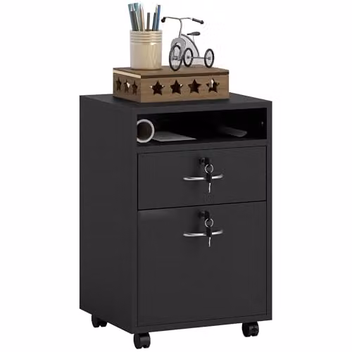 HOMCOM Lockable Filing Cabinet with 2 Drawers and Open Shelf in Black – 1