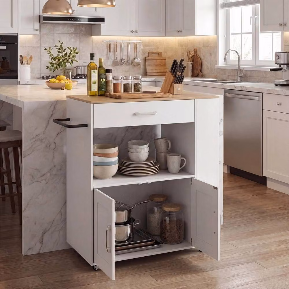 VOGREX Mobile Kitchen Cart with 2-Door Cabinet and Towel Rack in White – 2