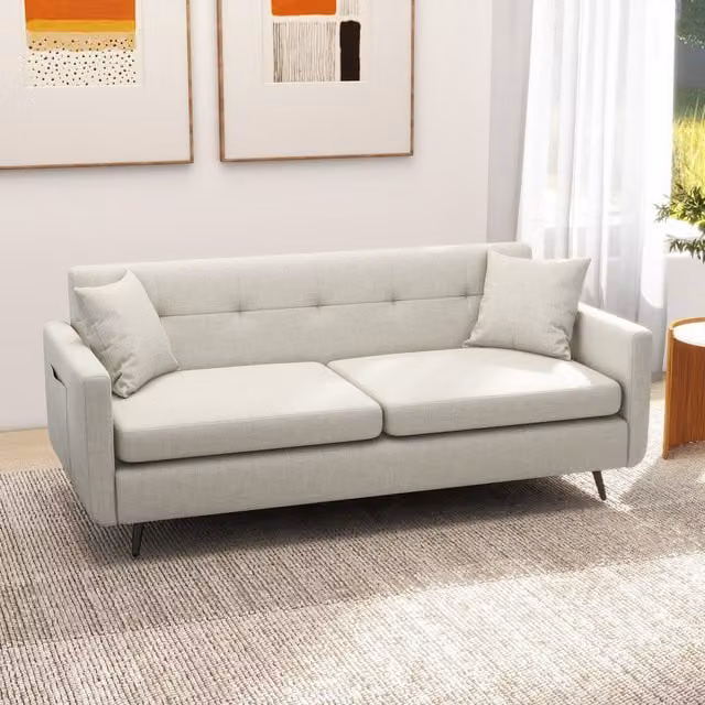 HOMCOM 2 Seater Upholstered Loveseat Sofa with Storage Pockets in Beige