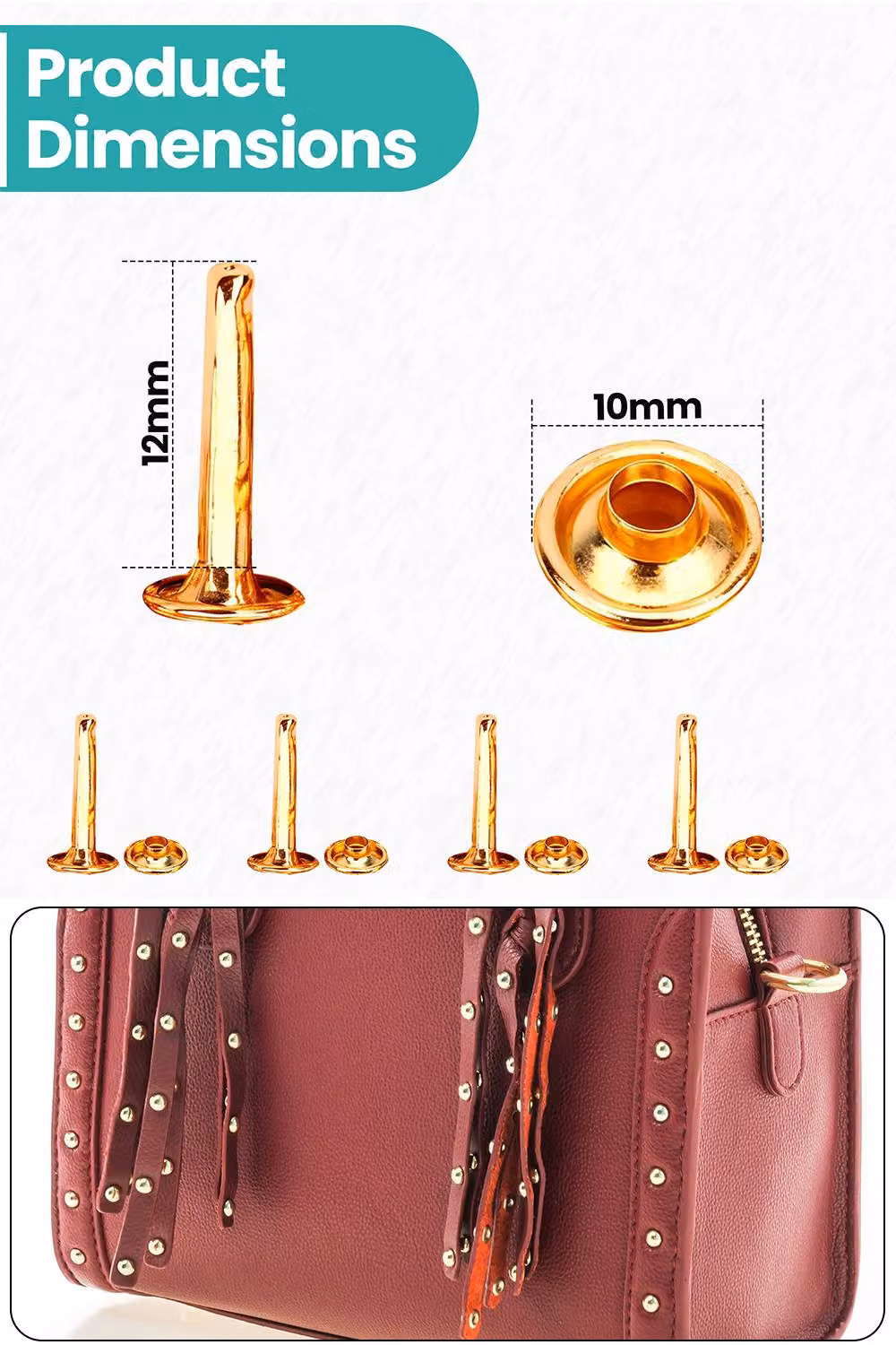 Neel Blue Gold Brass Extra Long Double Cap Studs and Tubular Rivets, 50 Pieces, W: 12 mm, D: 10 mm – 2