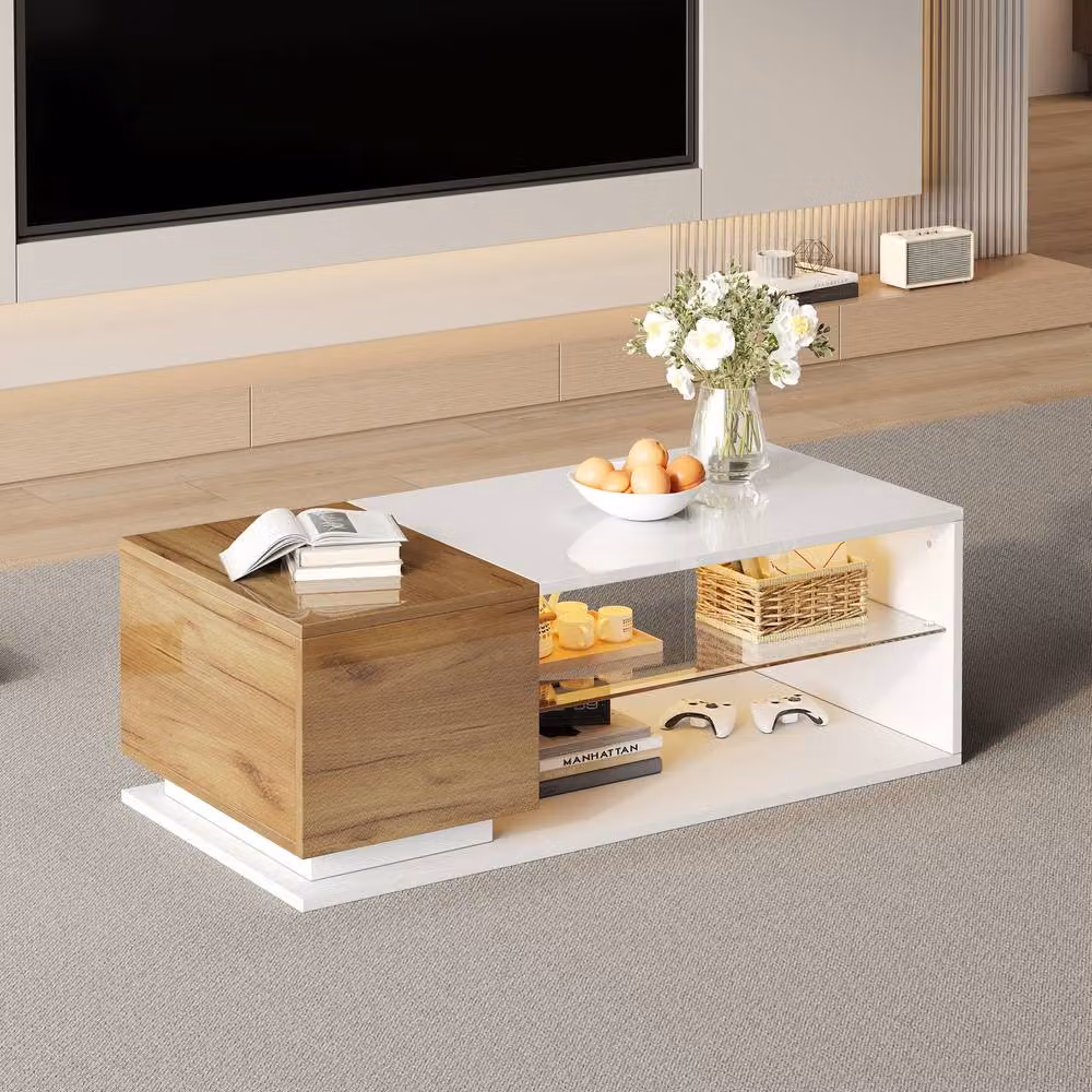 Merax 2-Tone High Gloss LED Coffee Table with Glass Shelf and Storage Cabinet in White – 3