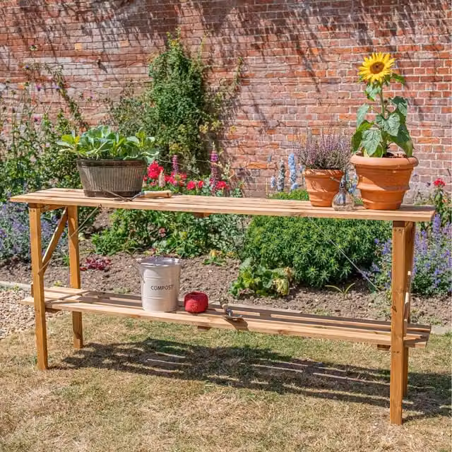 Primrose Two Tier Easy Store Greenhouse Staging in Brown Wood, W/D/H: 183 x 77 x 35 cm