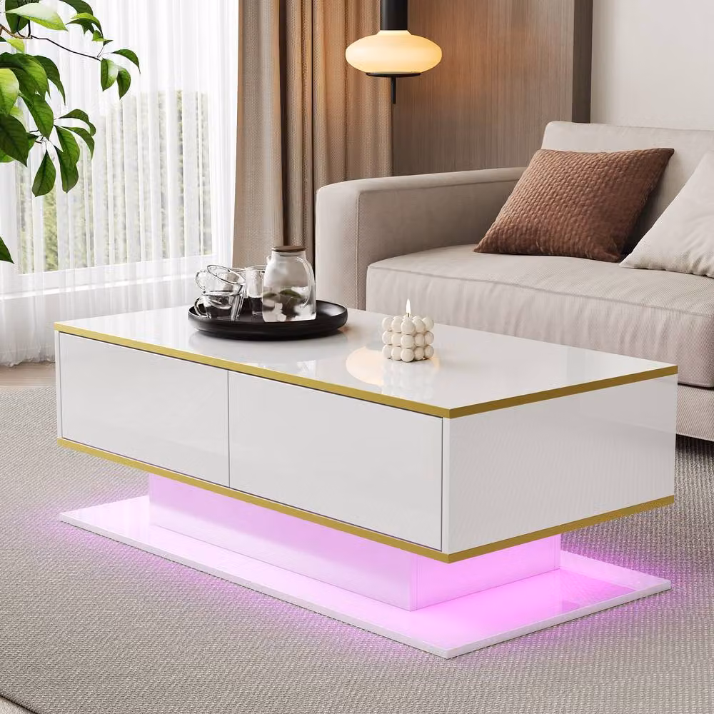 Merax Modern High-Gloss Coffee Table in White and Gold with 3 Drawers and LED, W/D/H: 100 x 50 x 40 cm – 2