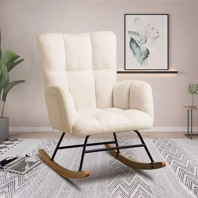 VOGREX High Back Rocking Nursing Armchair Lounge Chair in Cream Bouclé with Metal Frame