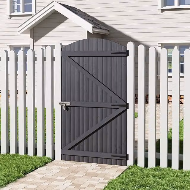 Livingandhome Grey Semi Braced Arch Top Wooden Garden Swing Gate, W: 90 cm, H: 150 cm