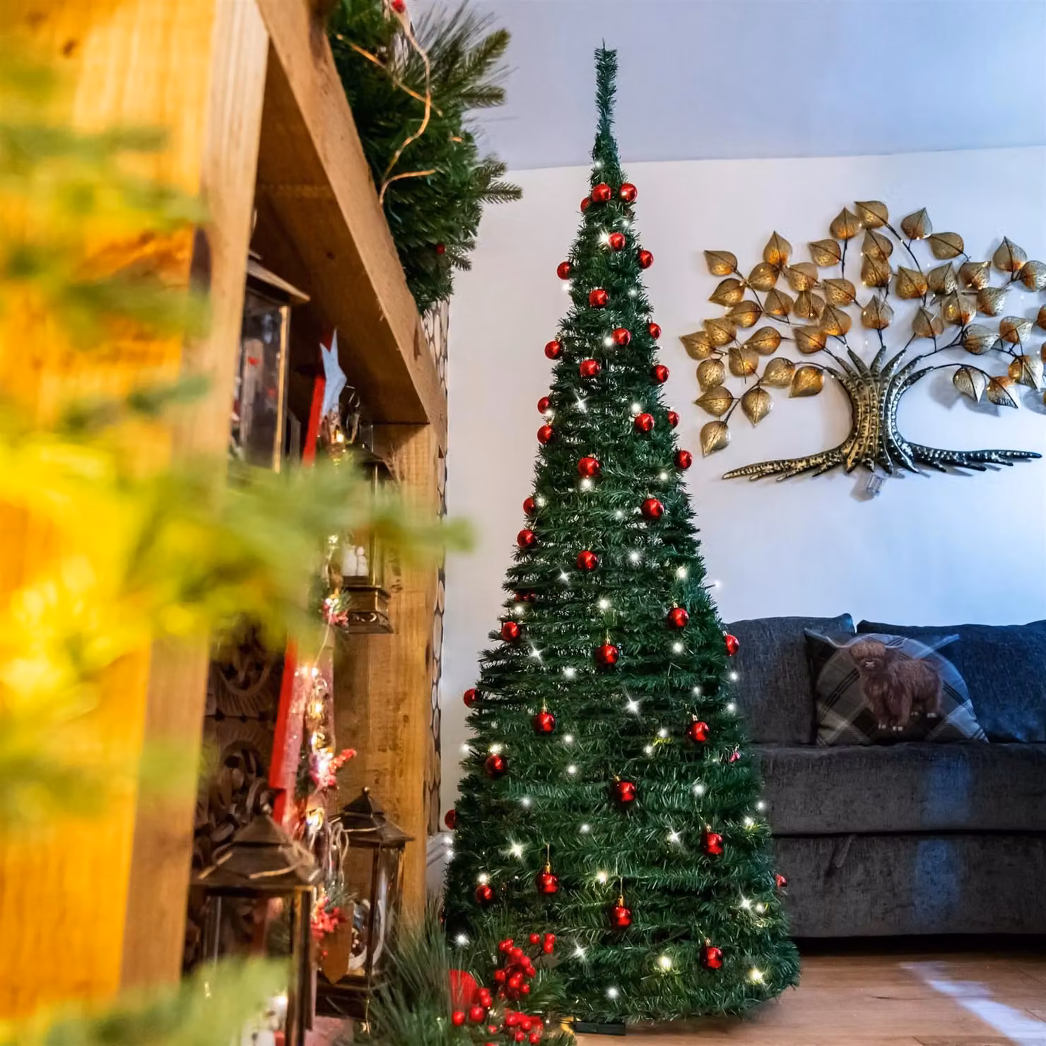 Shatchi 5ft Prelit Pop Up Christmas Tree in Green with Red Baubles and Battery Operated Warm White LED Lights – 3