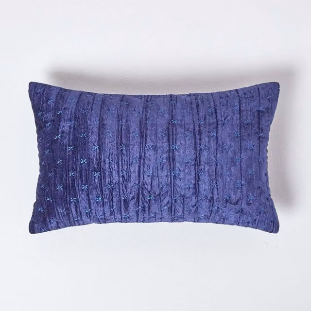 Homescapes Navy Blue Crushed Velvet Cross Stich Rectangular Cushion Cover, W: 50 cm