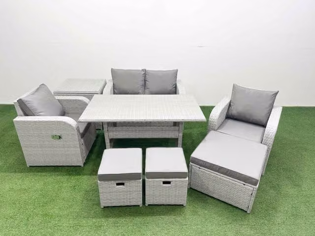 Fimous 7 Seater Light Grey PE Wicker Rattan Garden Furniture Set with Reclining Chairs, Rectangular Dining Table, 3 Stools and Side Table
