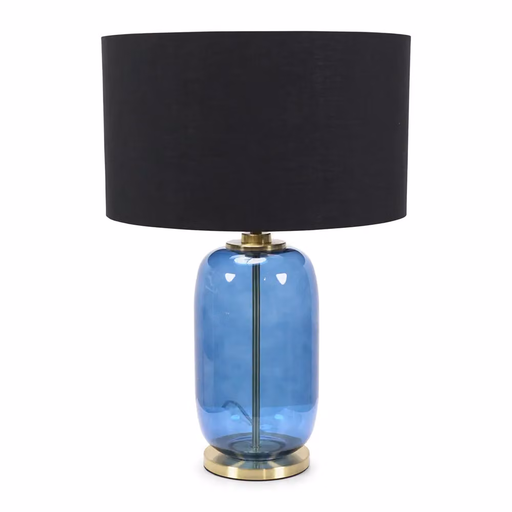 ValueLights Leigh Fabric Drum Shade Table Lamp with Navy Blue Glass and Gold Trim in Black – 2
