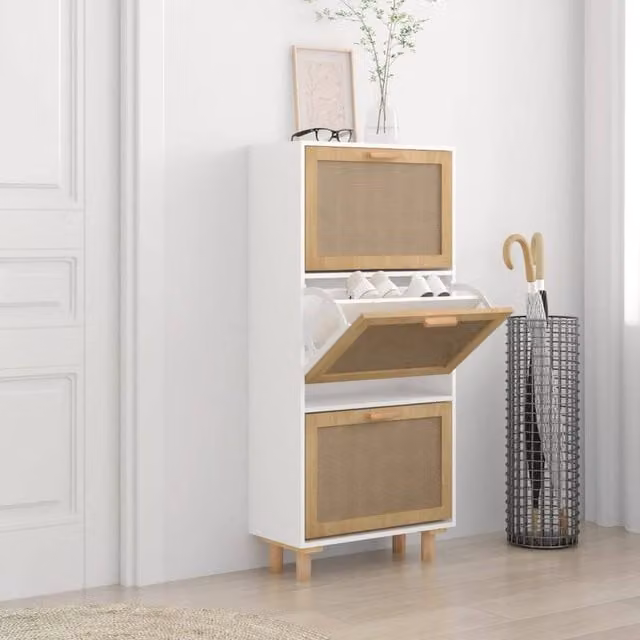 Berkfield Home White Shoe Cabinet with Natural Rattan and Tilting Compartments, W/D/H: 52 x 25 x 115 cm