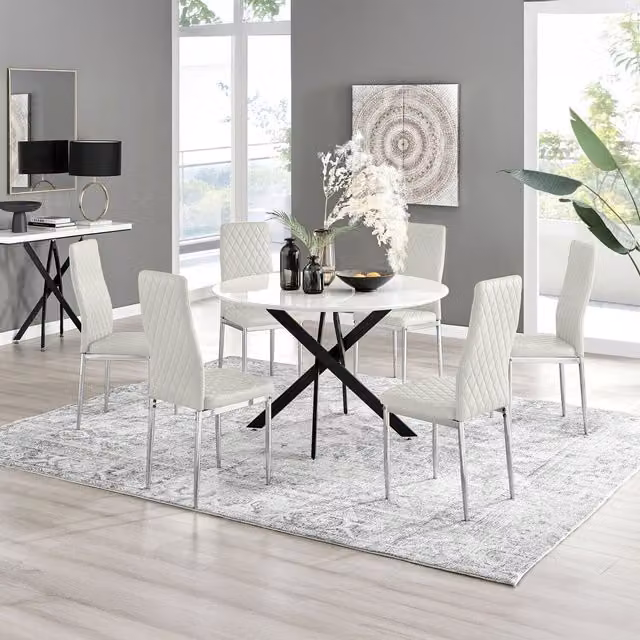 FurnitureboxUK Novara White Gloss Round Dining Table with 6 Cream Velvet Milan Chairs, Diameter: 120 cm