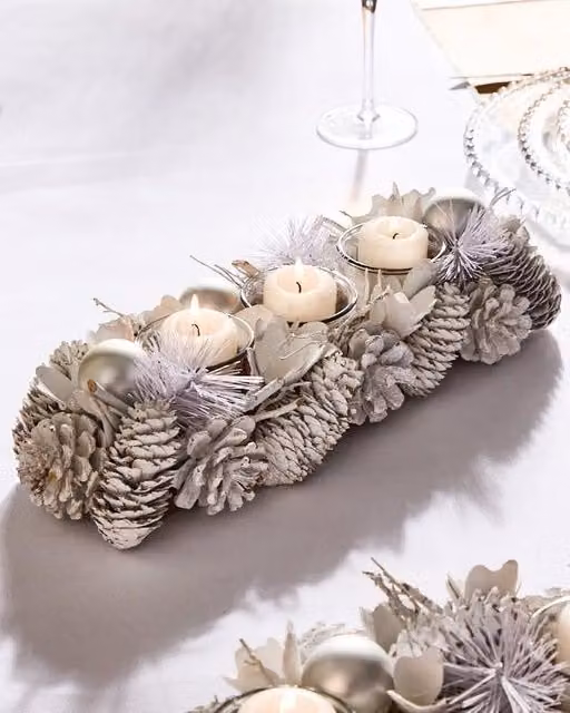 Dibor White and Silver Christmas Centrepiece Tealight Holder, 36 cm