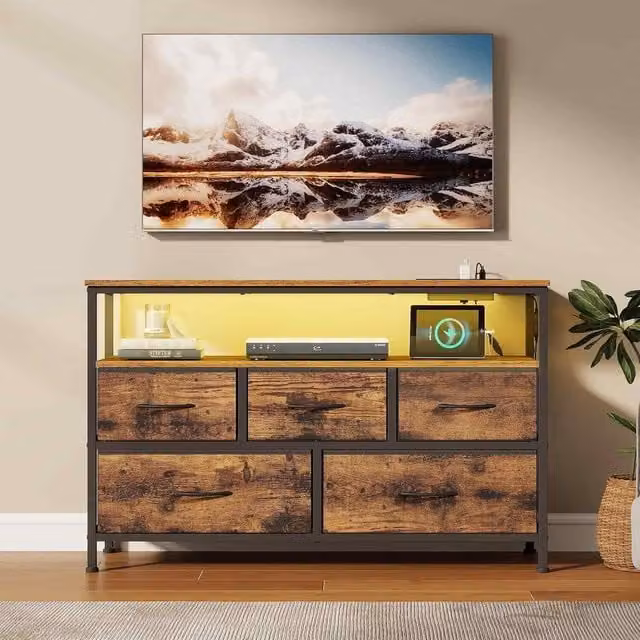 The Bazaarist 5 Drawer LED Chest Charging Station in Brown with USB Ports and Integrated Under-Bed Lighting