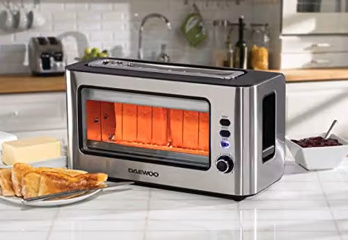 Daewoo 2 Slice Glass Front Ultra Wide Toaster in Silver and Transparent – 2