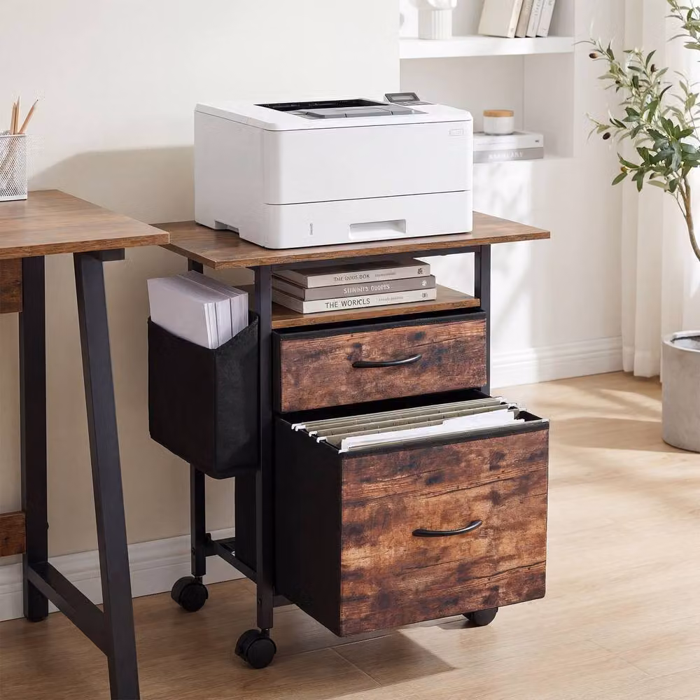 Costway 2-Drawer Mobile File Cabinet and Rolling Printer Stand with Side Bag in Brown – 6