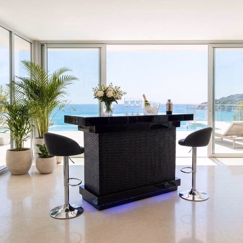 Home Luxe Aura Black Glossy Drinks Bar with LED Lights, Bluetooth Speakers and Glass Details – 4