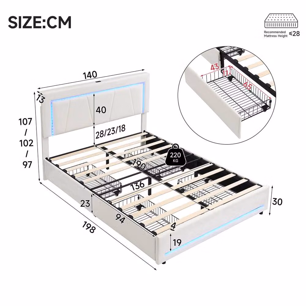 STILVORA Modern Beige Velvet Upholstered Double Bed with Storage Drawers and USB Charging Port, W/D/H: 140 x 200 cm – 2