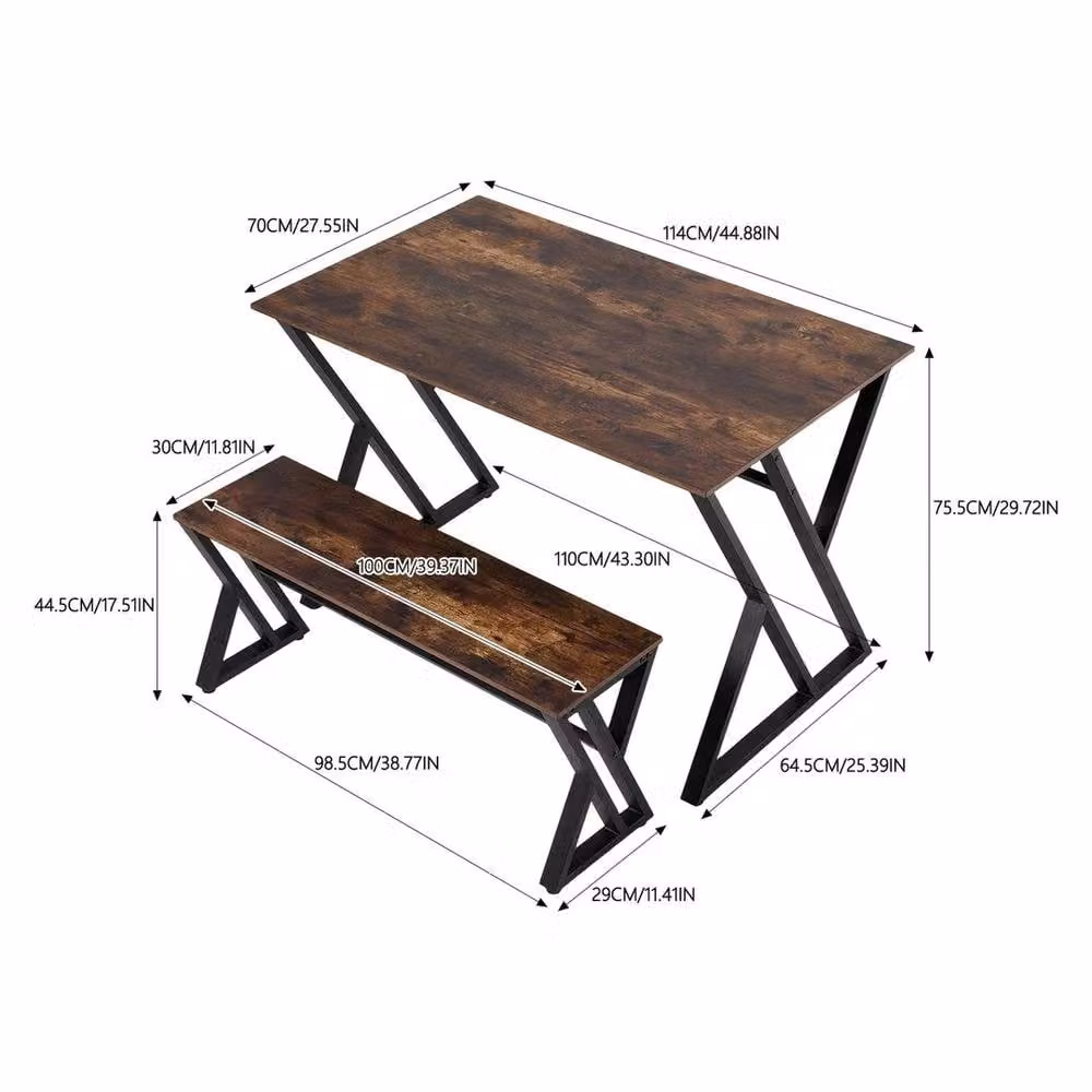 KORVIXA Industrial Square Dining Table and 2 Benches Set with Z-Shaped Metal Base, Brown – 2