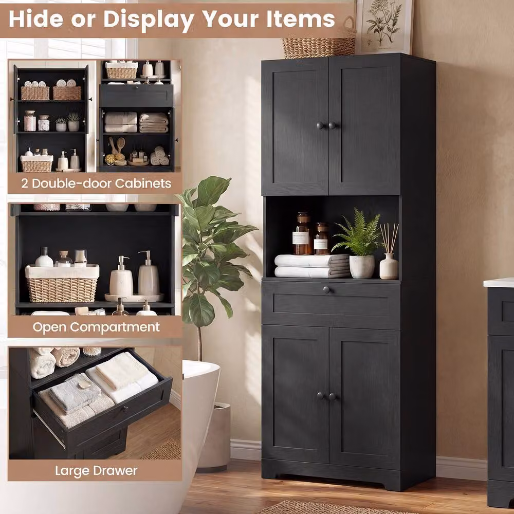 Costway Modern Black Wooden Bathroom Cabinet with 4 Doors and 1 Drawer – 7