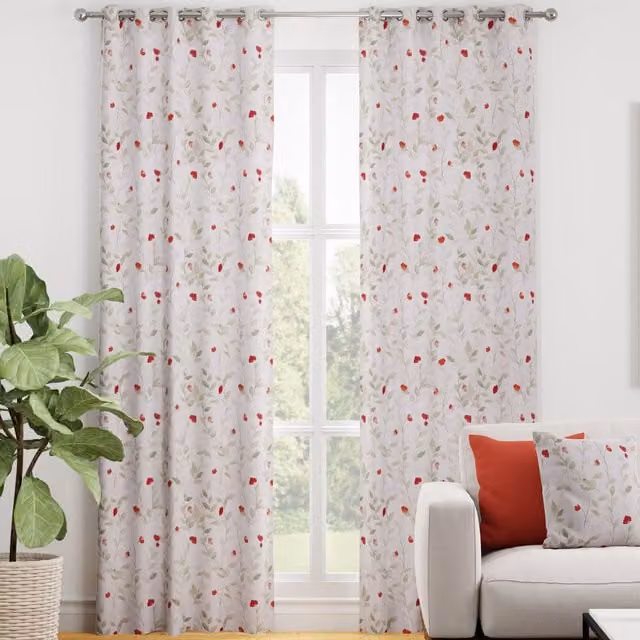 Terrys Serene Leaf Bloom Made to Measure Blackout Eyelet Curtain Panel in Red Floral Cotton