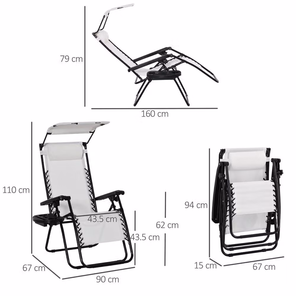STILVORA Foldable White Sun Lounger with Powder Coated Steel Frame, Sun Canopy, Adjustable Headrest, Armrests and Side Tray – 2