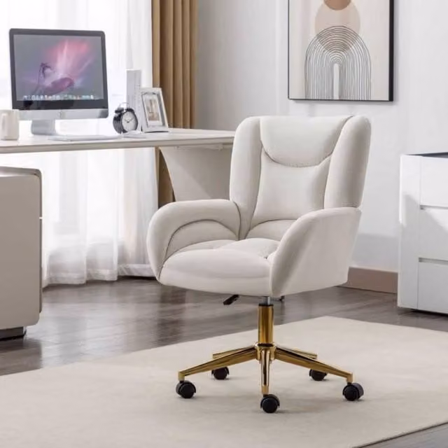 STILVORA Velvet Swivel Task Chair with Gold Metal Base in Beige – 1