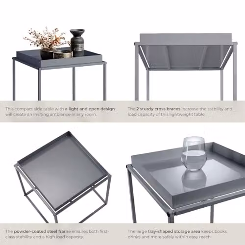 tectake Square Side Table in Minimalist Design with Height-Adjustable Feet, Dark Grey, W/D/H: 40 x 40 x 44 cm – 4