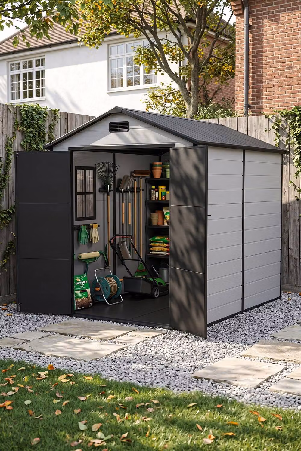 Living and Home Grey Plastic and Aluminium Outdoor Garden Storage Shed with Double Doors and Gable Roof, W/D/H: 182.88 x 182.88 x 218.0 cm – 2