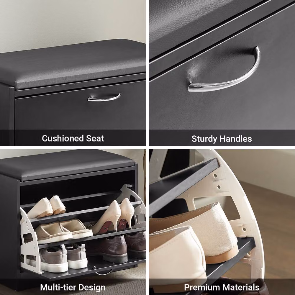 SoBuy Black Shoe Storage Bench with Synthetic Leather Seat Cushion – 5