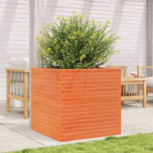 Berkfield Home Beautiful Garden Planter Tub in Brown Solid Wood Pine, W/D/H: 70 x 70 x 68.5 cm