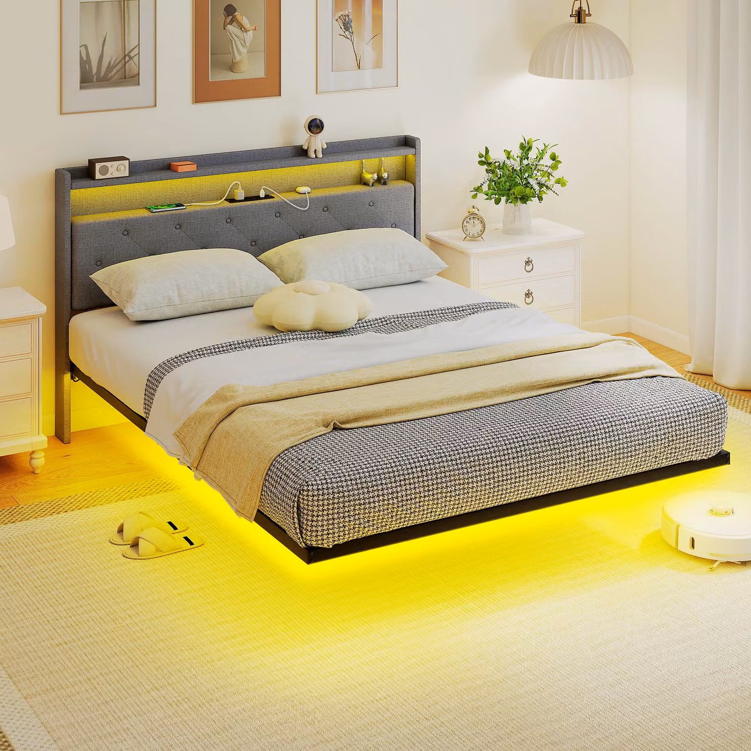 HOMCOM Grey Upholstered Floating King Size Bed Frame with RGB LED Under-Bed Lighting, USB Charging Port and Side Compartments, 180 x 200 cm – 2