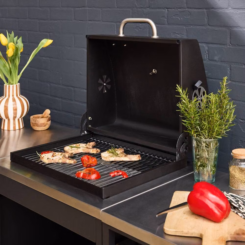 sweeek Outdoor Kitchen with Charcoal Barbecue and 3 Modules including Sink in Black and Stainless Steel – 3