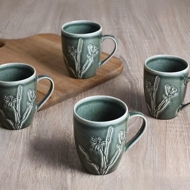 Pack of 4 Sage Green Floral Embossed Stoneware Mugs