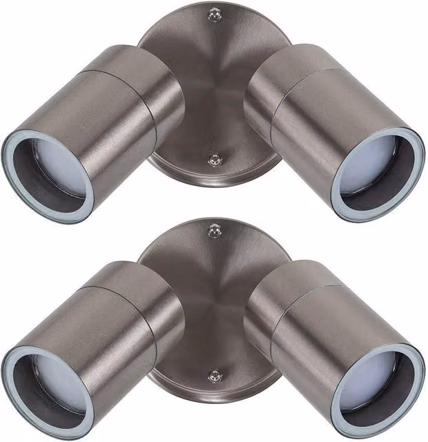 MiniSun Set of 2 Modern Stainless Steel Twin Outdoor Wall Spotlights in Silver