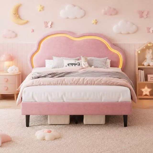 Merax Double Upholstered Velvet Bed with LED Adjustable Cloud Headboard in Pink, W/D/H: 140 x 200 cm