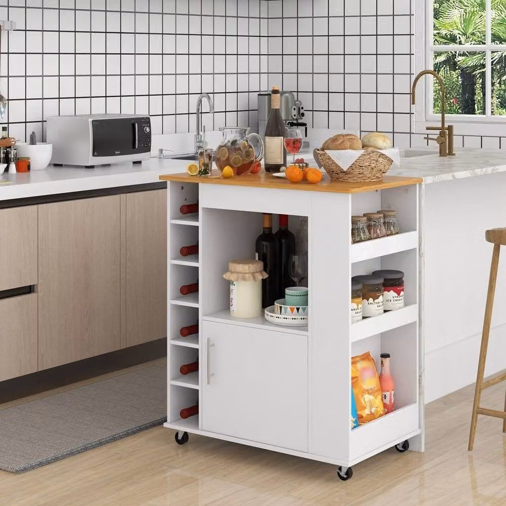 Gymax White Kitchen Island Food Storage Cabinet Trolley Cart with 6 Wine Racks – 2