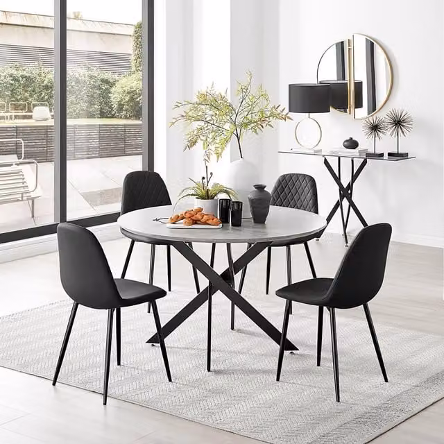 FurnitureboxUK Novara Grey Concrete Effect Round Dining Table with 4 Corona Black Faux Leather Chairs