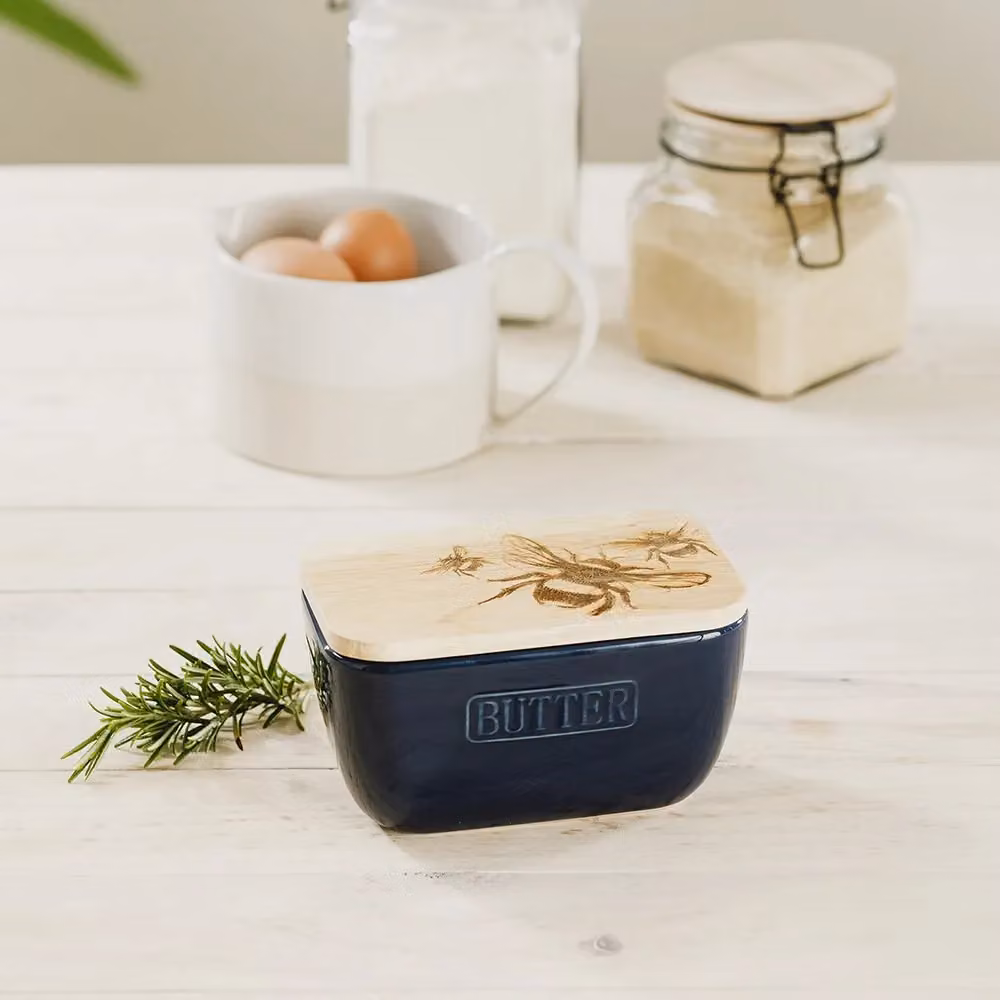 Selbrae House Blue Ceramic and Wood Butter Dish – 3