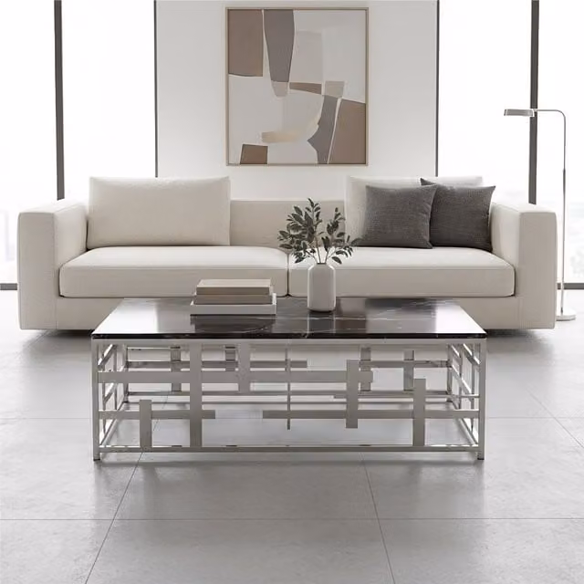 Orsina Geometric Black Marble Rectangular Coffee Table with Silver X-Frame – 1